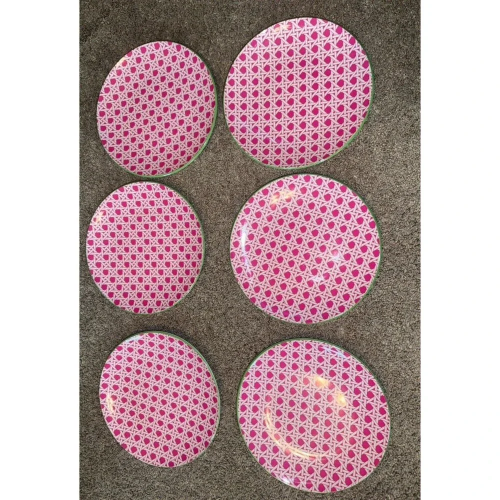 6 Pink Green Cynthia Rowley Melamine 9” Plates Geo Wicker Cane Pattern Preppy